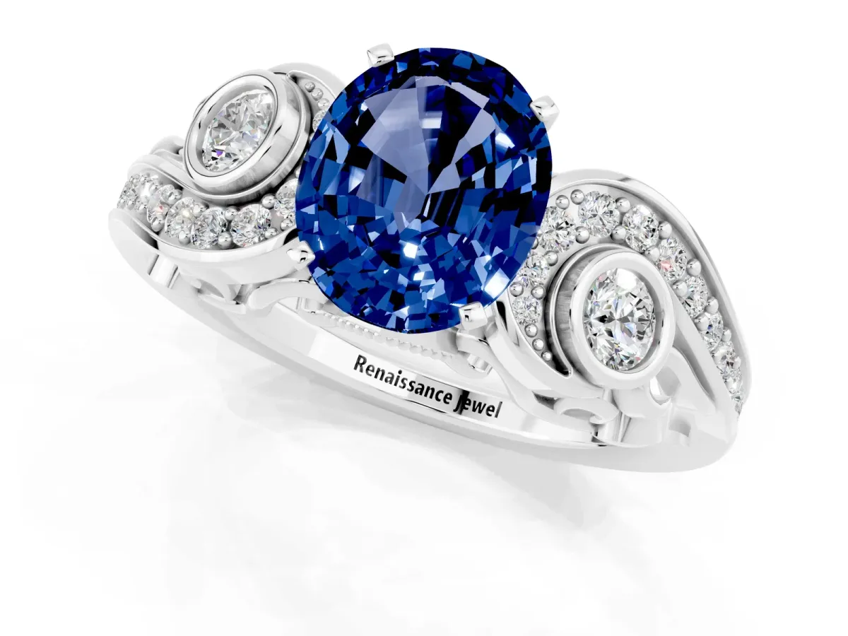 Oval Cut Blue Sapphire Solitaire Ring with Milgrain Pavé Band and Four-Prong Setting Silver