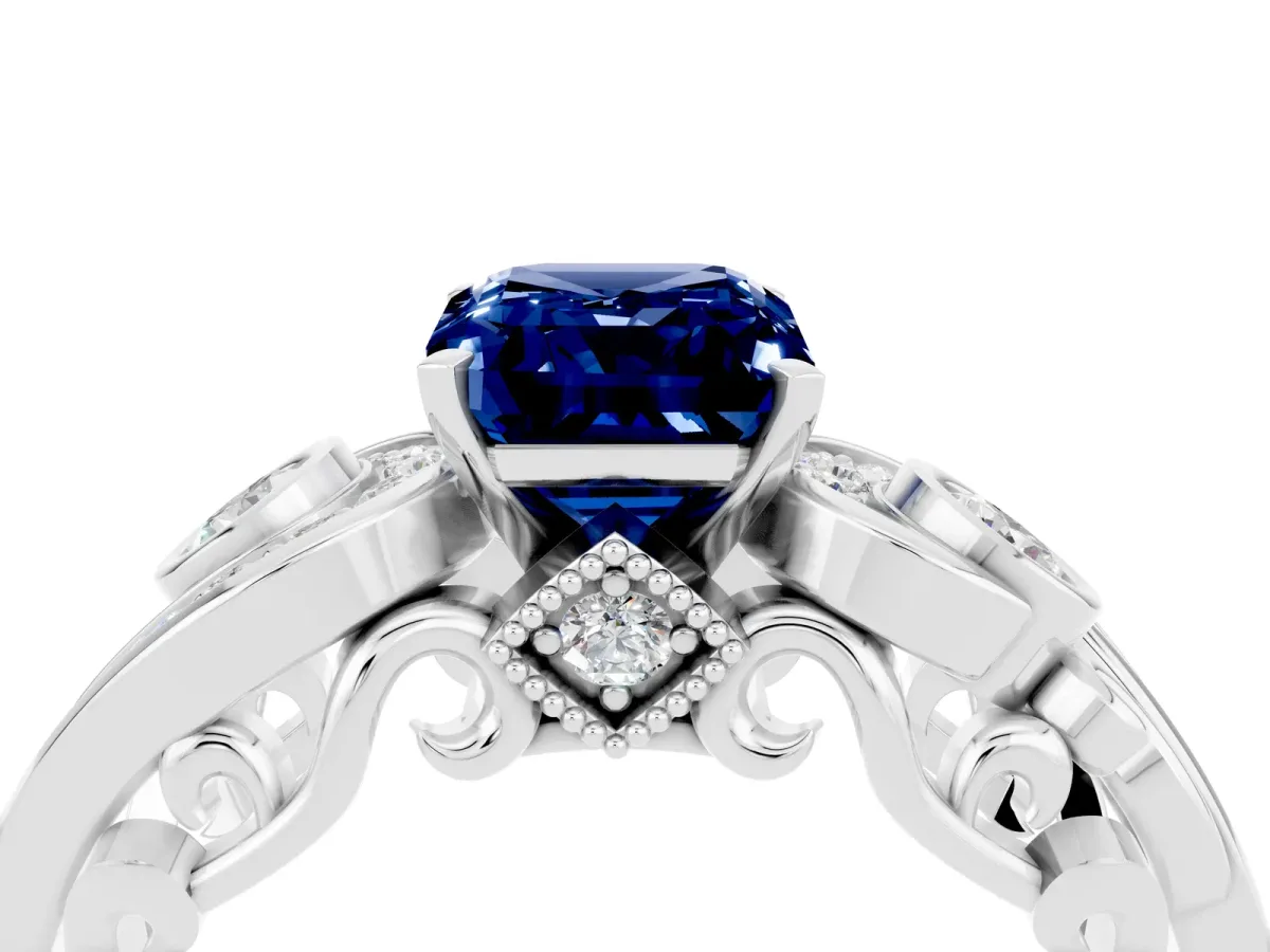 Emerald Cut Blue Sapphire Solitaire Ring with Milgrain Pavé Band and Four-Prong Setting Silver