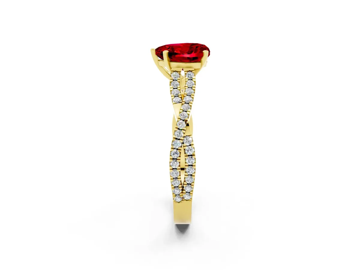 Heart Cut Ruby Solitaire Engagement Ring with Twisted Pavé Band and Four-Prong Setting Yellow gold
