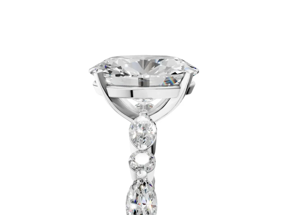 Oval Cut Diamond Ring with Marquise and Round Side Stones and Four-Prong Setting Silver
