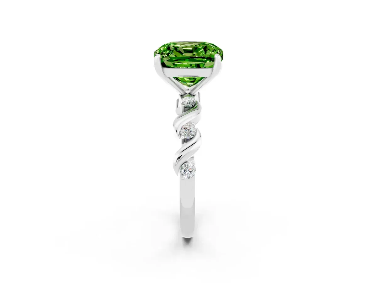Cushion Cut Peridot Solitaire Twisted Band with Round Accents and Prong Setting Silver