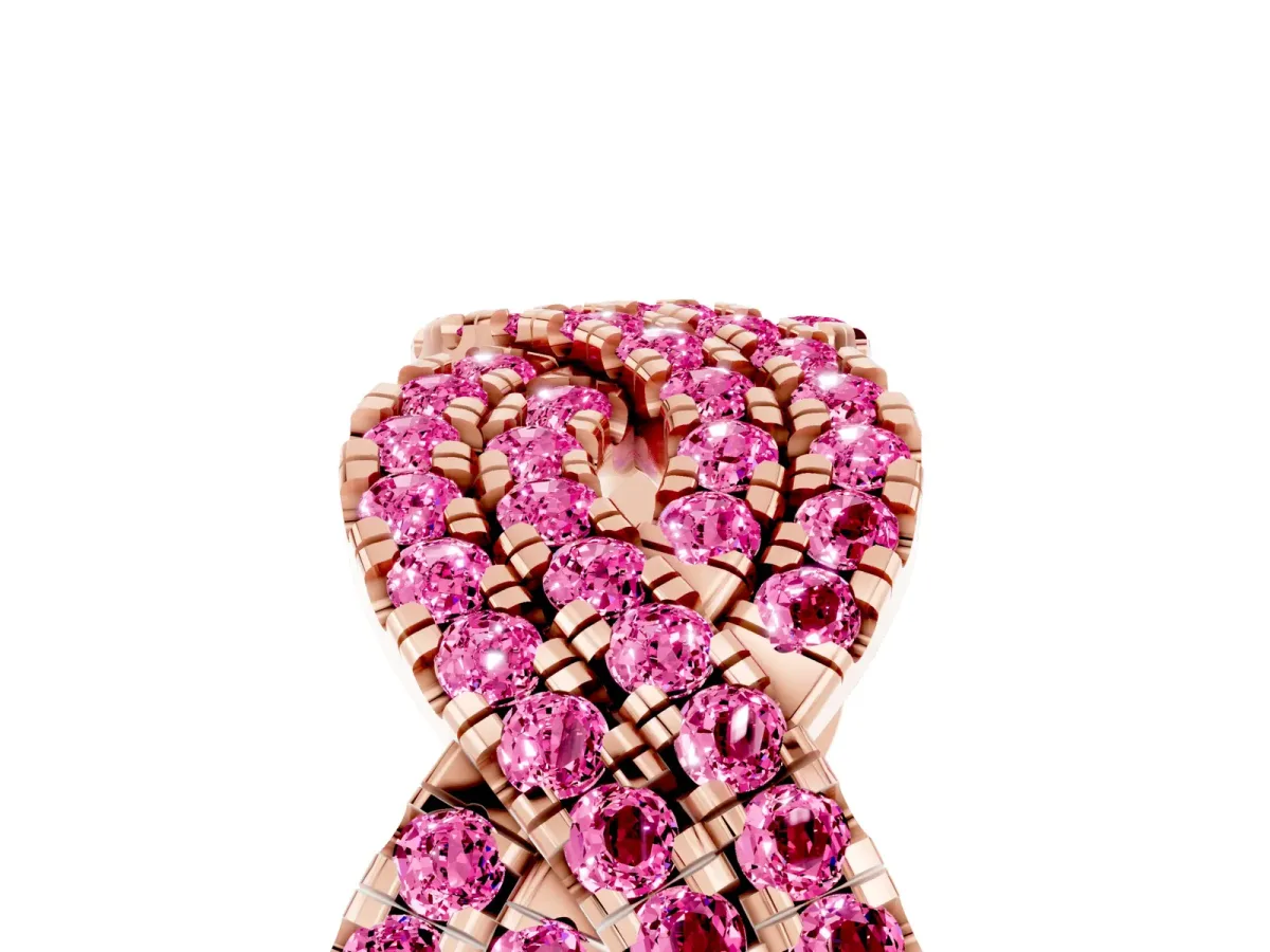 Pavé Round Pink Sapphire Infinity Twist Band with Shared Prong Setting Rose gold