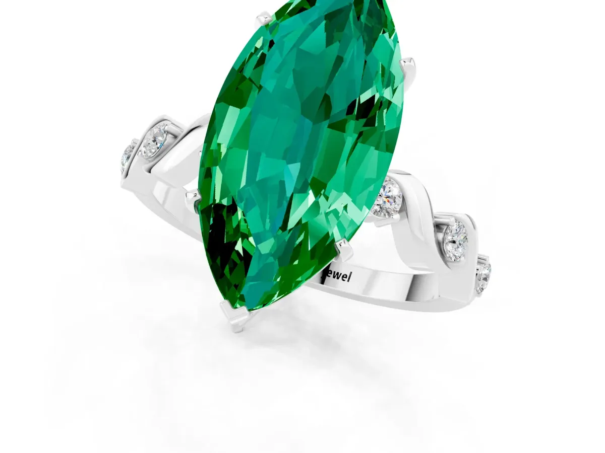 Marquise Cut Emerald Solitaire Twisted Band with Round Accents and Prong Setting Silver