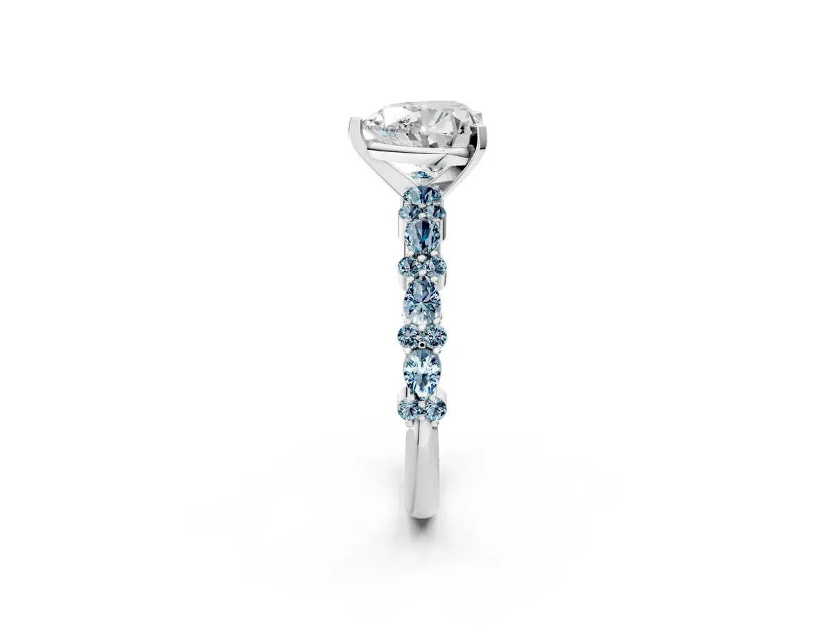 Heart Cut Diamond Side Stone Solitaire Ring with Round Aquamarine and Four-Prong Setting Silver