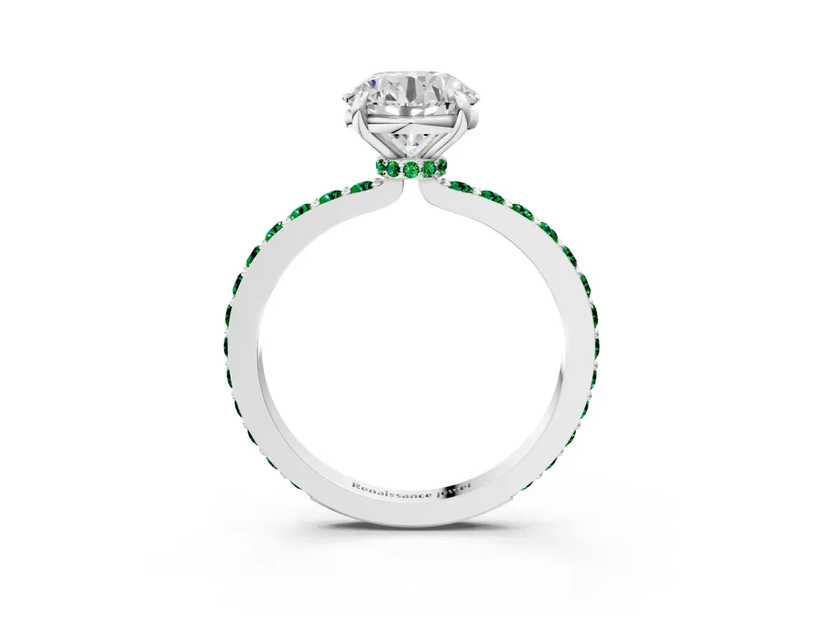 Round Cut Diamond Pavé Engagement Ring with Round Emerald Accents and Prong Setting Silver