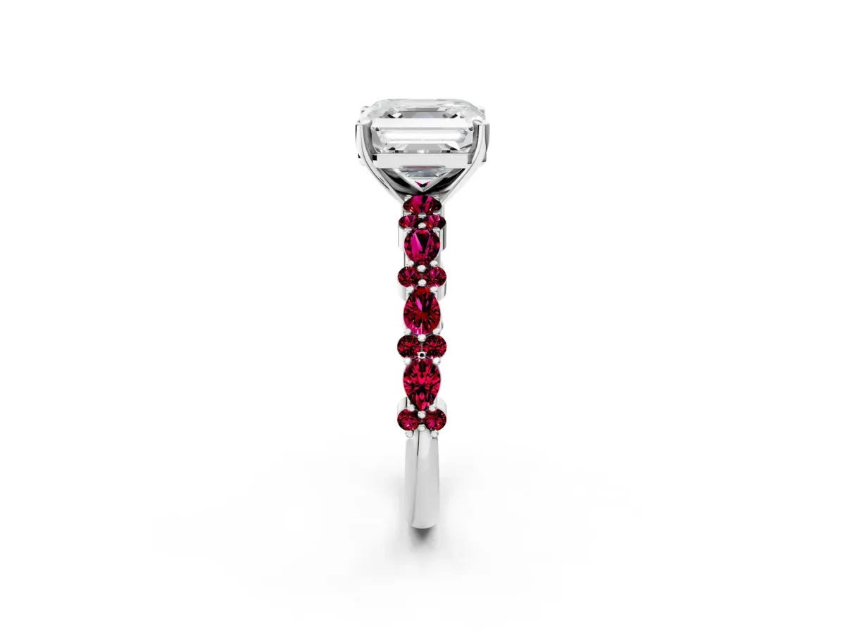 Asscher Cut Diamond Side Stone Solitaire Ring with Round Garnet and Four-Prong Setting Platinum