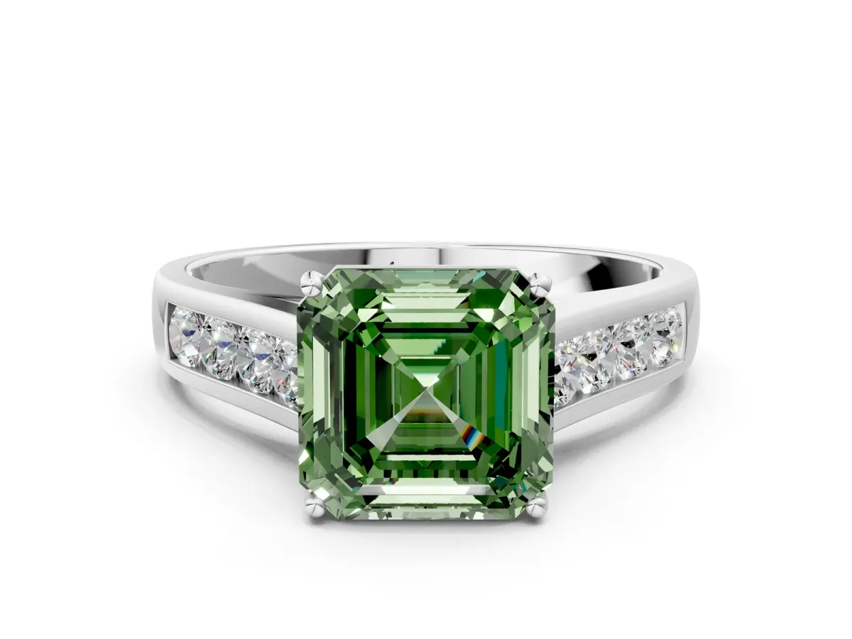 Fancy Green Asscher Cut Brilliant Channel-Set Solitaire Ring with Four-Prong Setting Platinum