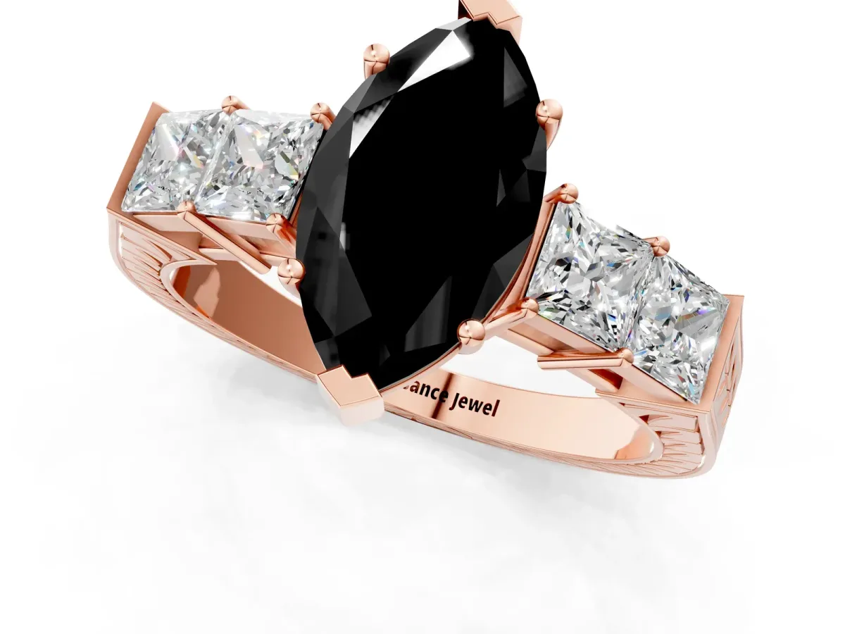 Fancy Black Marquise Cut Solitaire Princess Side Stone Engraved Band Prong Setting Ring Rose gold