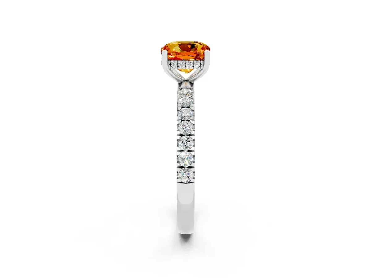 Cushion Cut Citrine Pave Band Solitaire Ring with Round and Prong Setting Platinum