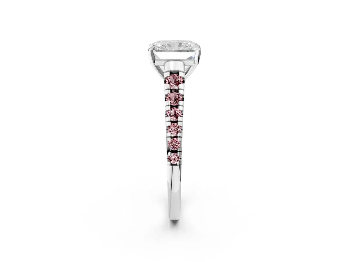 Radiant Cut Diamond Cathedral Solitaire Ring with Round Morganite Pavé Band Silver