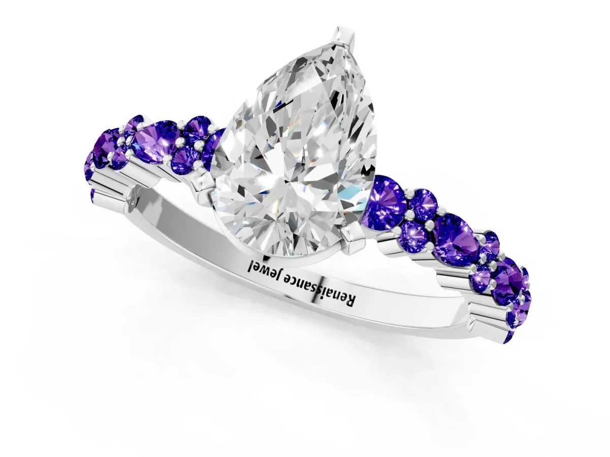 Pear Cut Diamond Side Stone Solitaire Ring with Round Tanzanite and Four-Prong Setting Silver