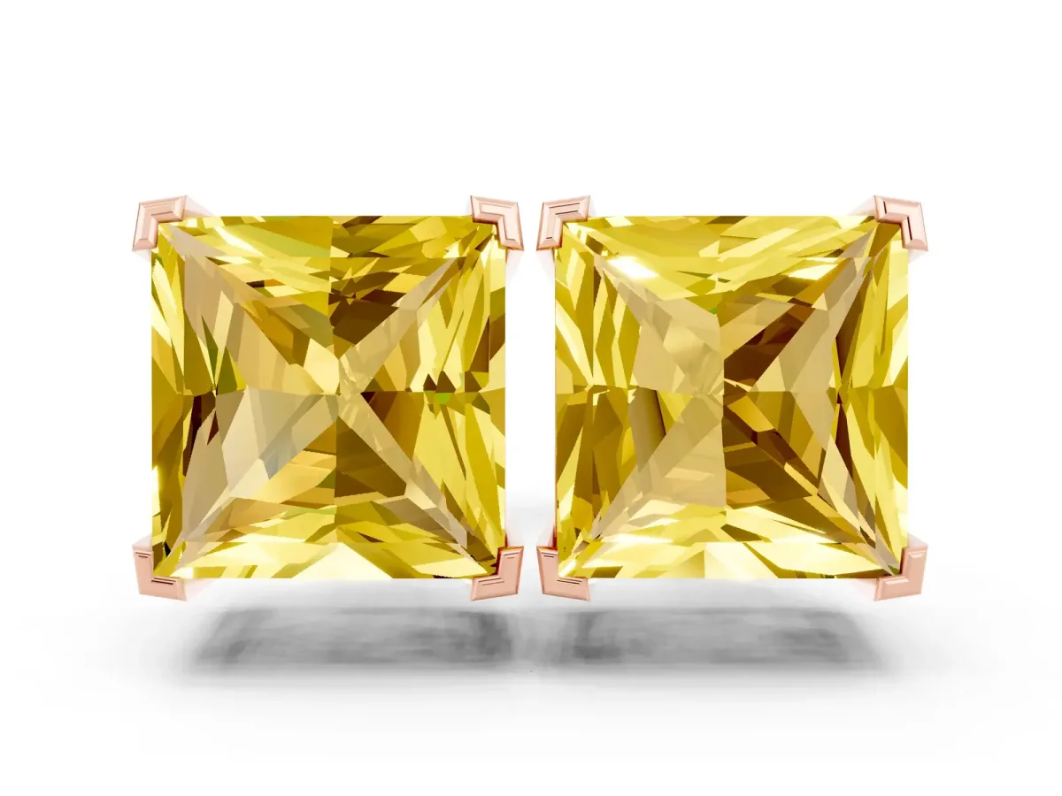 Princess Cut Yellow Sapphire Stud Earrings Rose gold