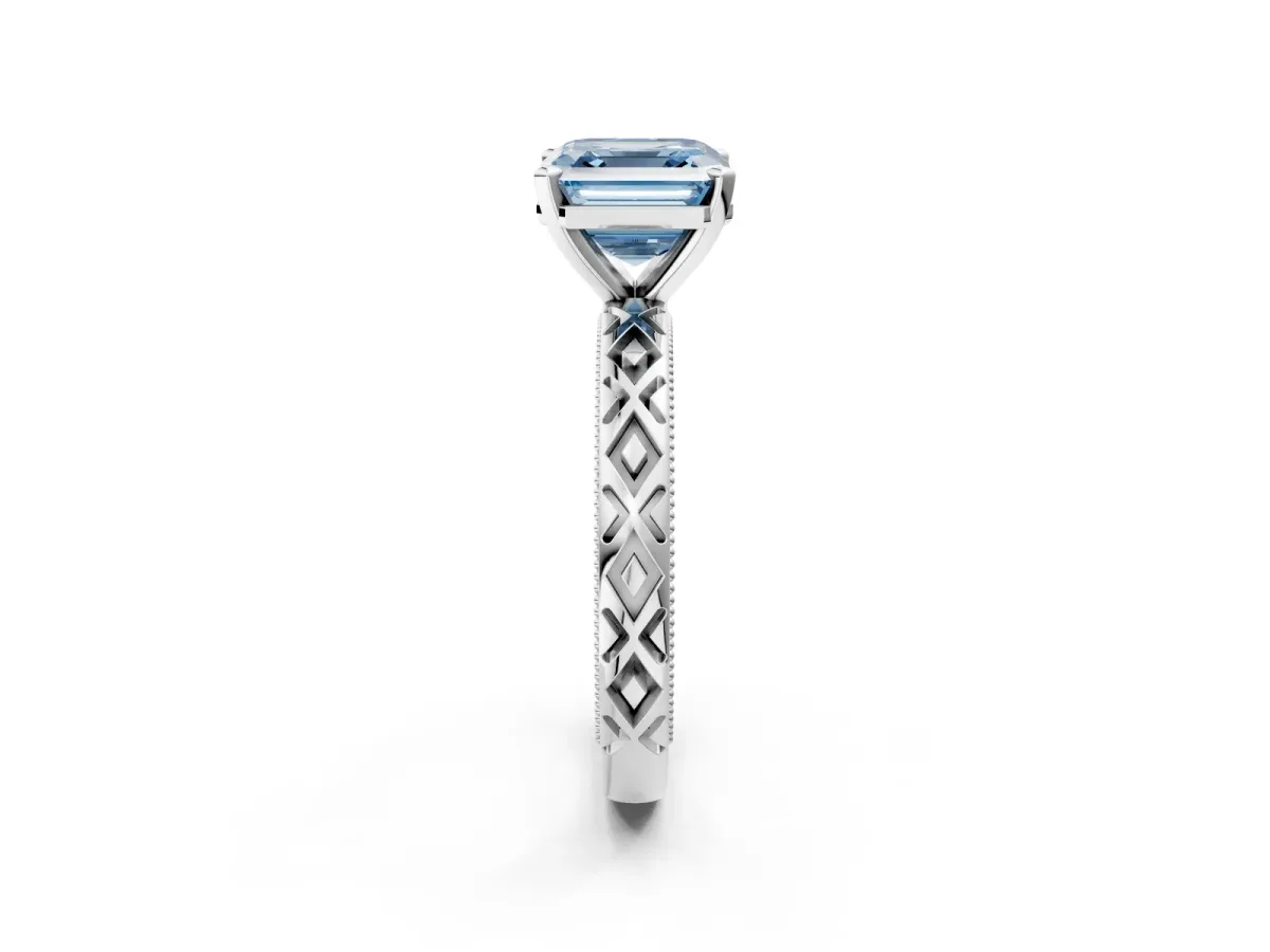 Fancy Blue Asscher Cut Solitaire Diamond Ring with Milgrain and Black Enamel X Pattern Band Platinum