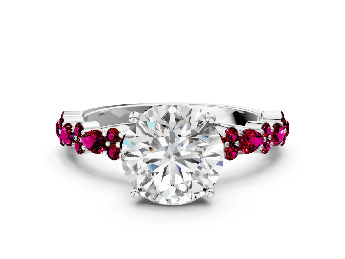 Round Cut Diamond Side Stone Solitaire Ring with Round Garnet and Four-Prong Setting Platinum