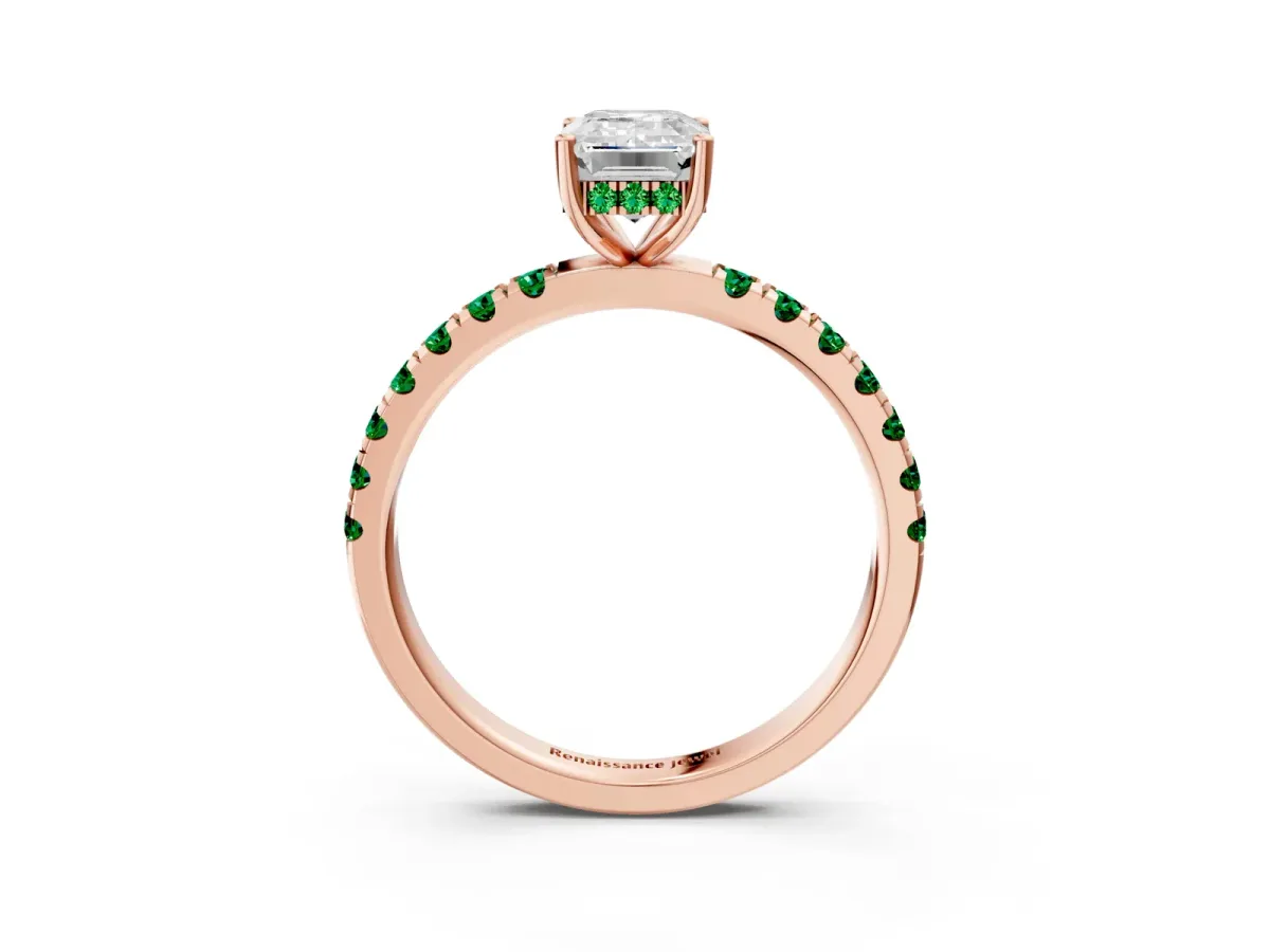 Emerald Cut Diamond Pave Band Solitaire Ring with Round Emerald and Prong Setting Rose gold