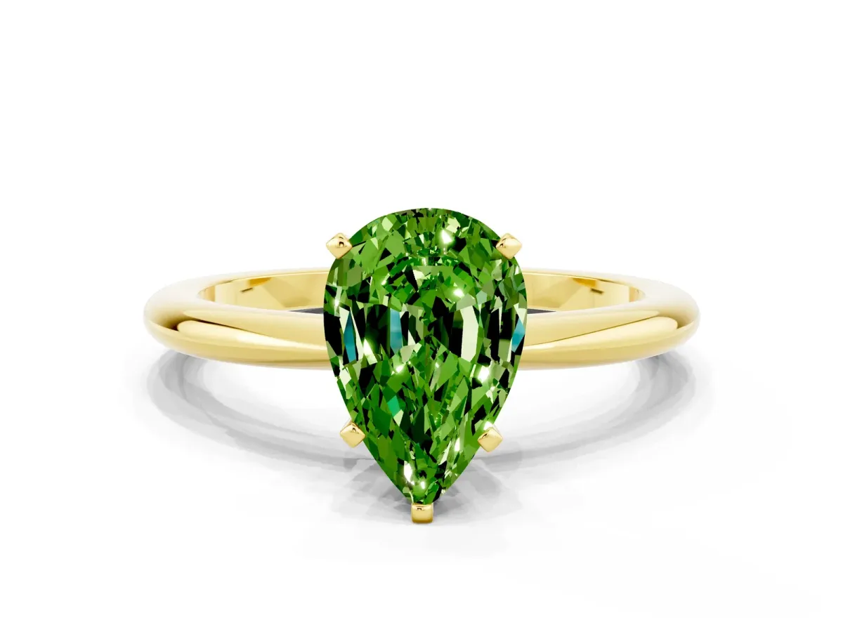 Pear Cut Peridot Solitaire Ring with Six-Prong Setting and Classic Band Yellow gold