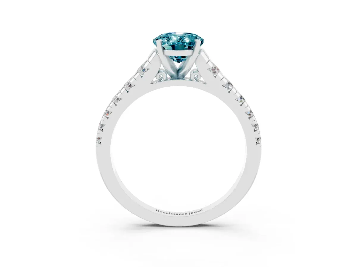 Oval Cut Blue Topaz Cathedral Solitaire Ring with Round Pavé Band Silver