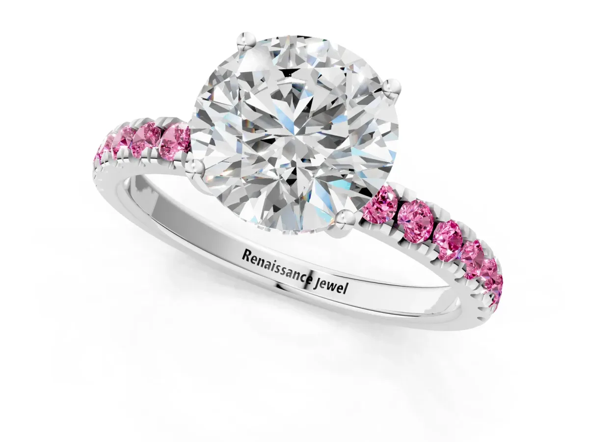 Round Cut Diamond Pave Band Solitaire Ring with Round Pink Sapphire and Prong Setting Silver