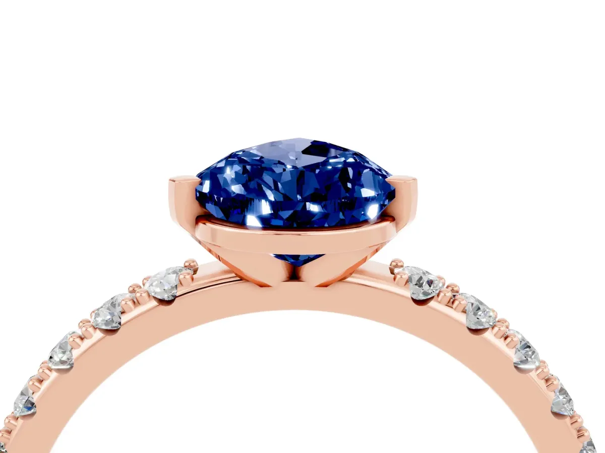 Pear Cut Blue Sapphire Solitaire Pavé Band with Four-Prong Setting Rose gold