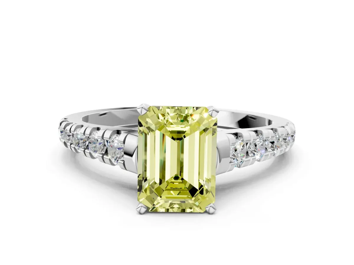 Fancy Yellow Emerald Cut Diamond Cathedral Solitaire Ring with Round Pavé Band Platinum