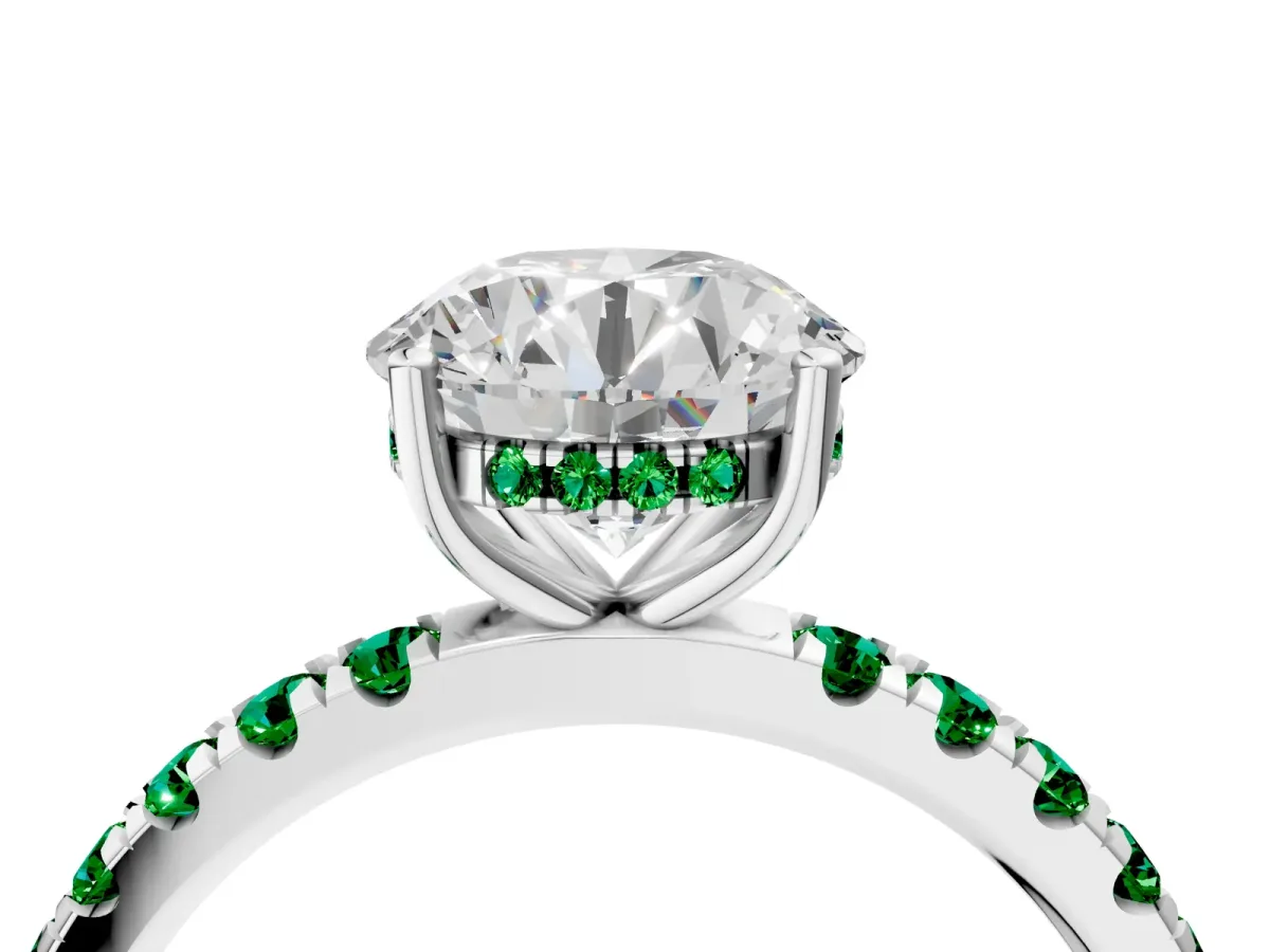 Round Cut Diamond Pave Band Solitaire Ring with Round Emerald and Prong Setting White gold