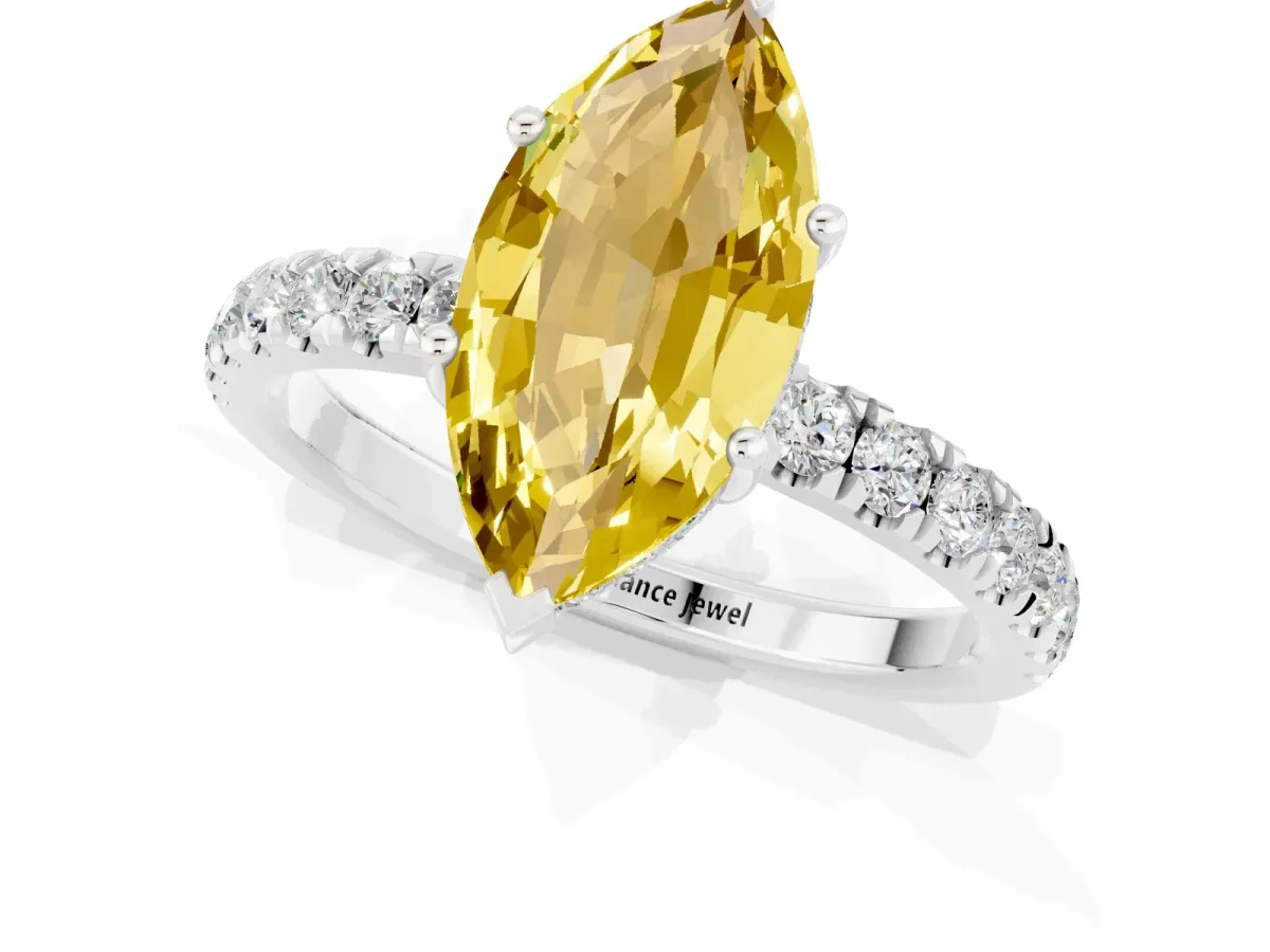 Marquise Cut Yellow Sapphire Pave Band Solitaire Ring with Round and Prong Setting Silver