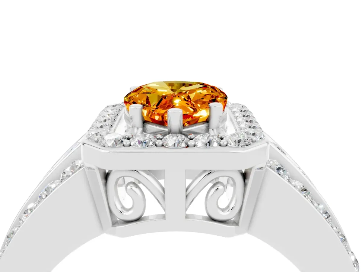 Pear Cut Halo Citrine Ring with Round Split Shank and Prong Setting Silver