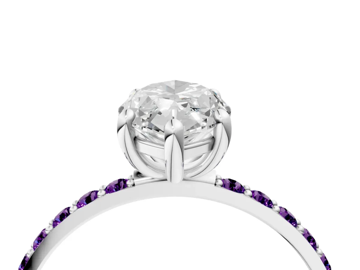 Marquise Cut Diamond Solitaire Ring with Round Amethyst Pavé Band and Prong Setting Silver
