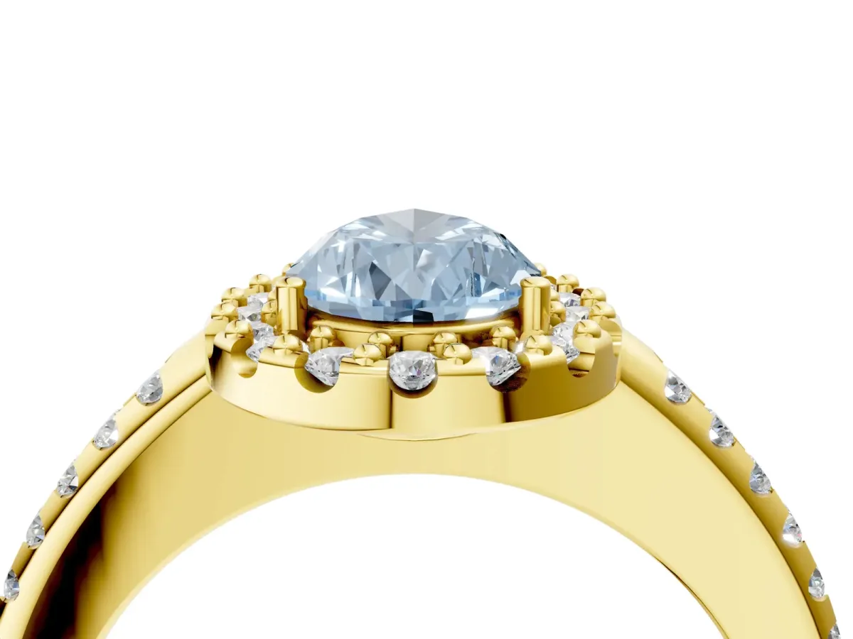 Fancy Blue Pear Cut Diamond Pavé Halo Ring with Four-Prong Setting Yellow gold