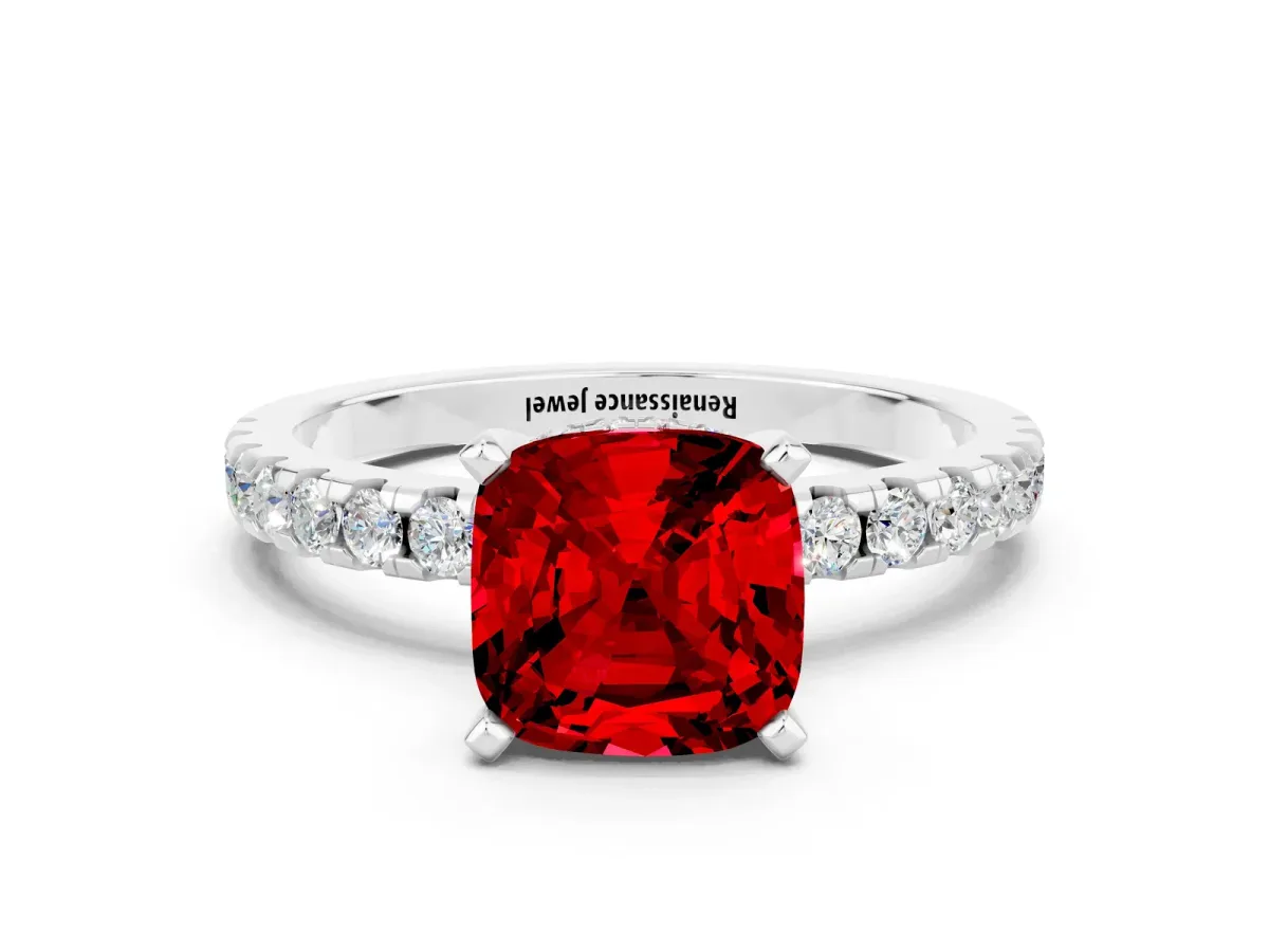 Cushion Cut Ruby Solitaire Ring with Round Pavé Band and Four-Prong Setting Platinum