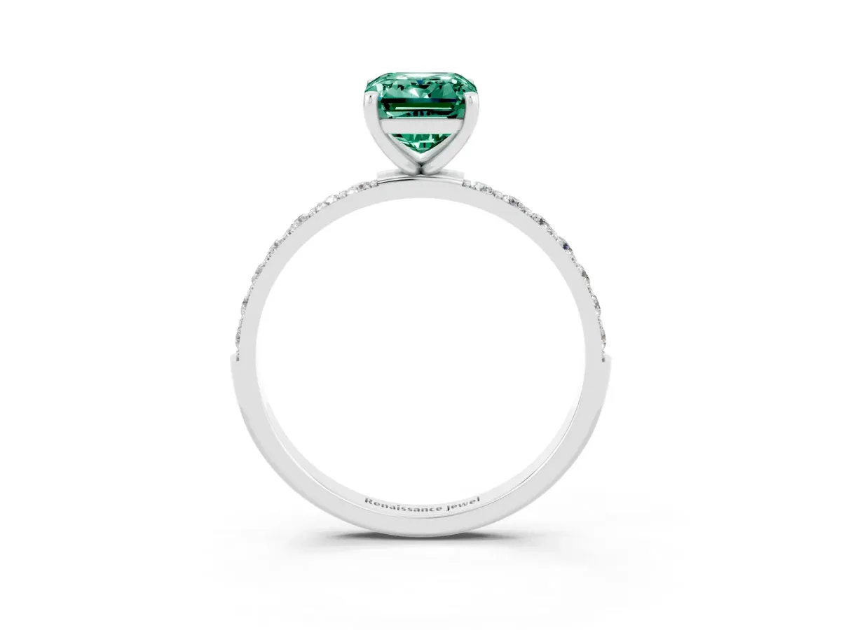 Emerald Cut Green Sapphire Solitaire Ring with Round Pavé Band and Prong Setting Platinum