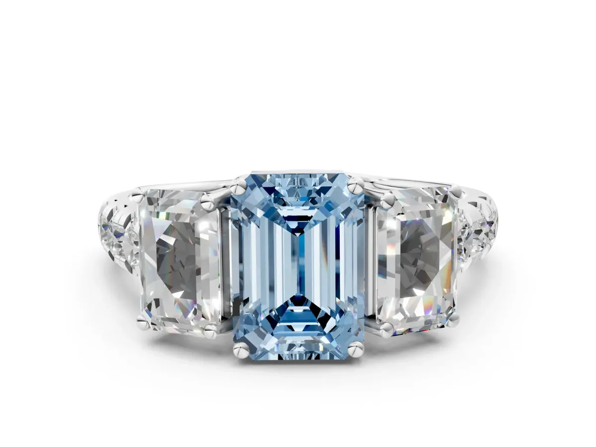 Fancy Blue Three-Stone Emerald Cut Diamond Pavé Band with Prong Setting Platinum