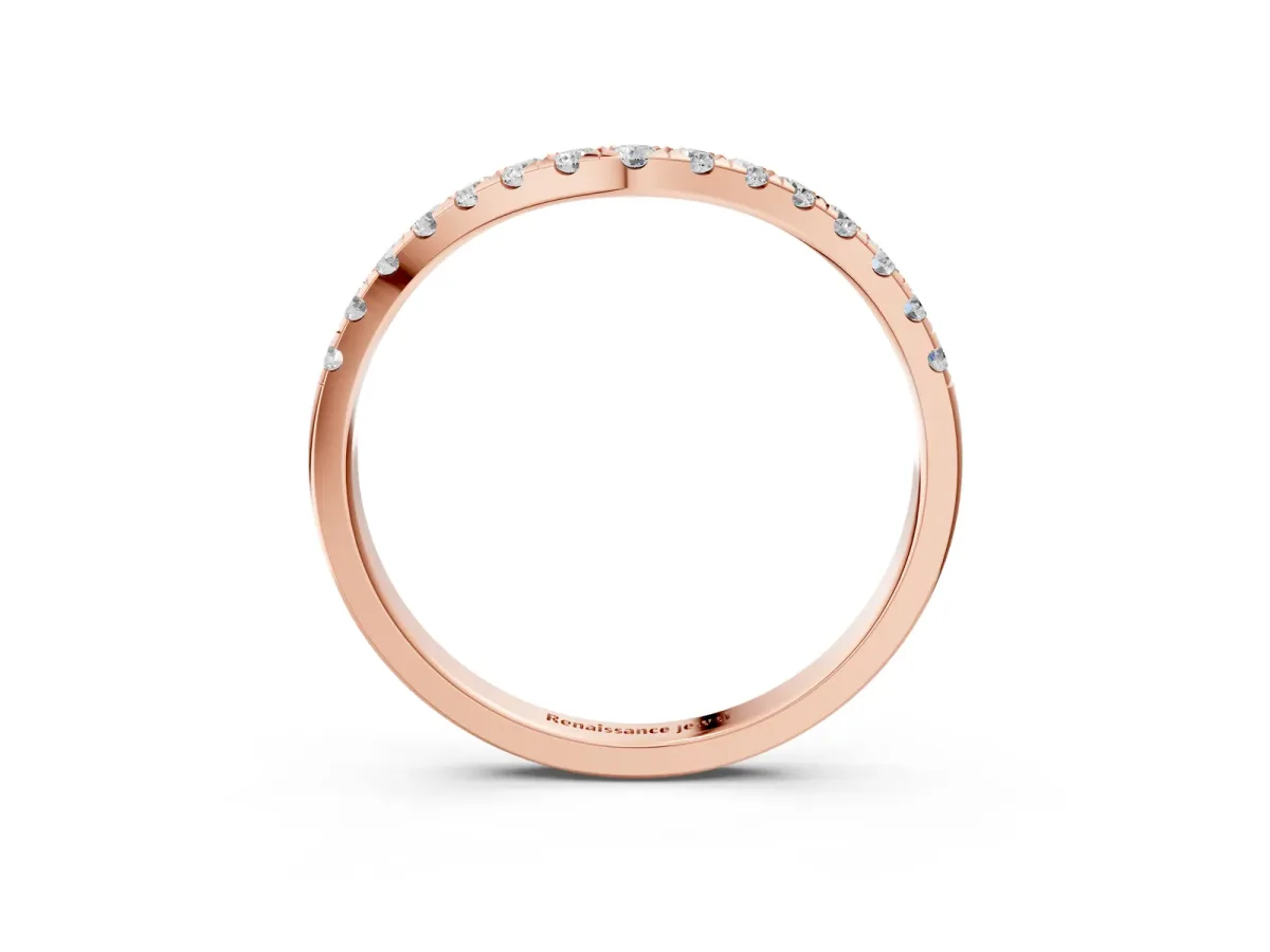Curved Pavé Round Diamond Wedding Band with Shared Prong Setting Rose gold