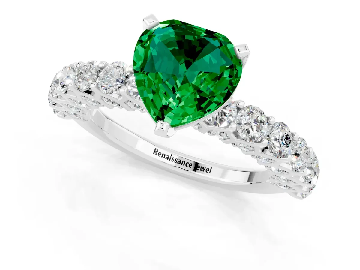 Heart Cut Emerald Solitaire Ring with Shared Prong Pavé Band and Four-Prong Setting Silver