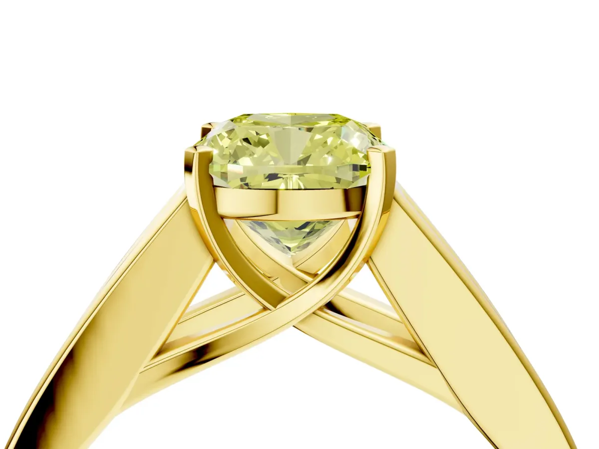 Fancy Yellow Cushion Cut Cut Channel Set Solitaire Ring with Four-Prong Setting Yellow gold