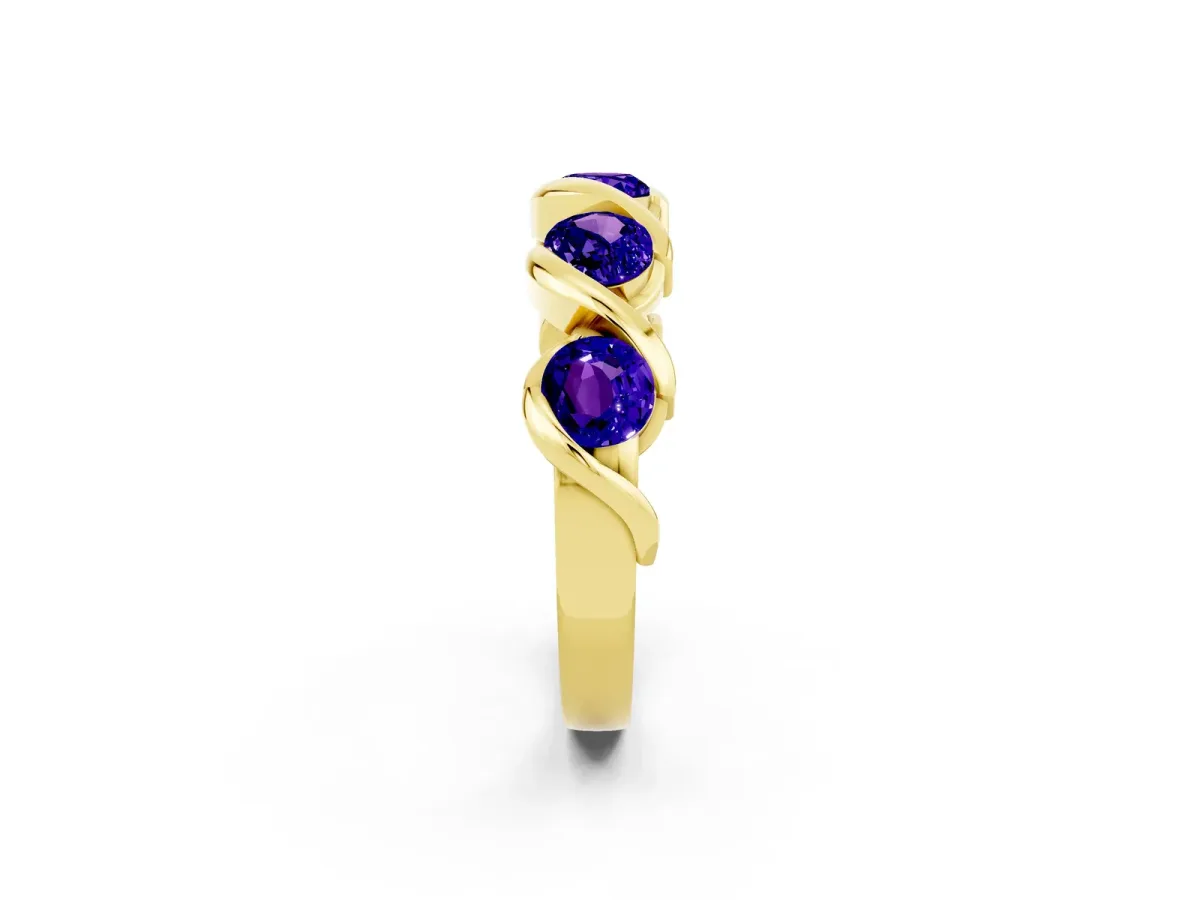 Round Tanzanite Wave Band with Channel Setting and Shared Prongs Yellow gold