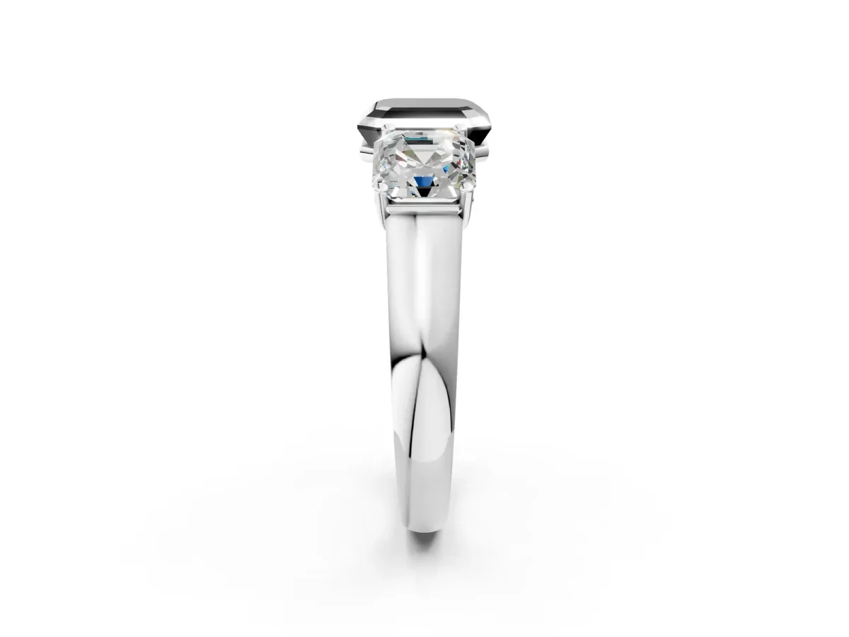 Fancy Black Asscher Cut Three-Stone Diamond Ring with Prong Setting on a Classic Band Platinum
