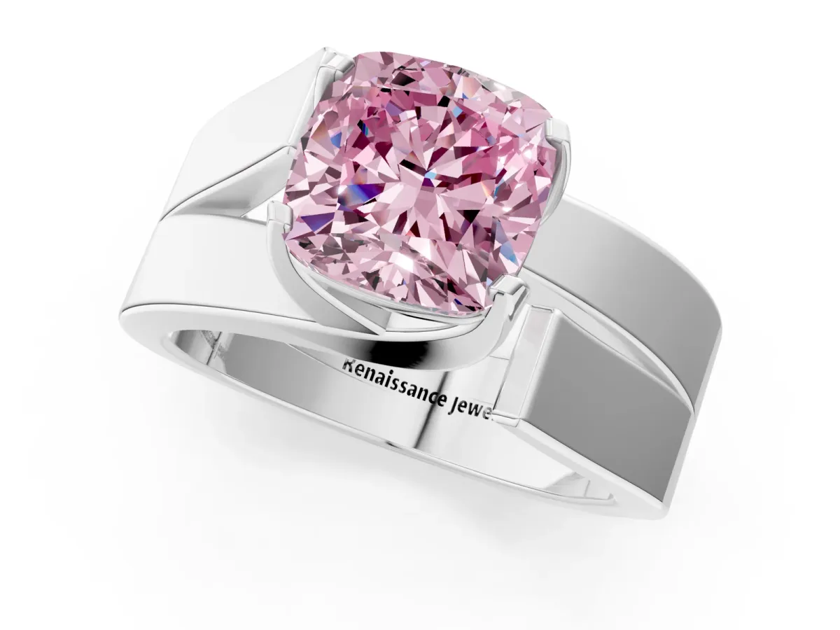 Fancy Pink Modern Tension Set Cushion Cut Diamond Solitaire Wide Band Ring Silver