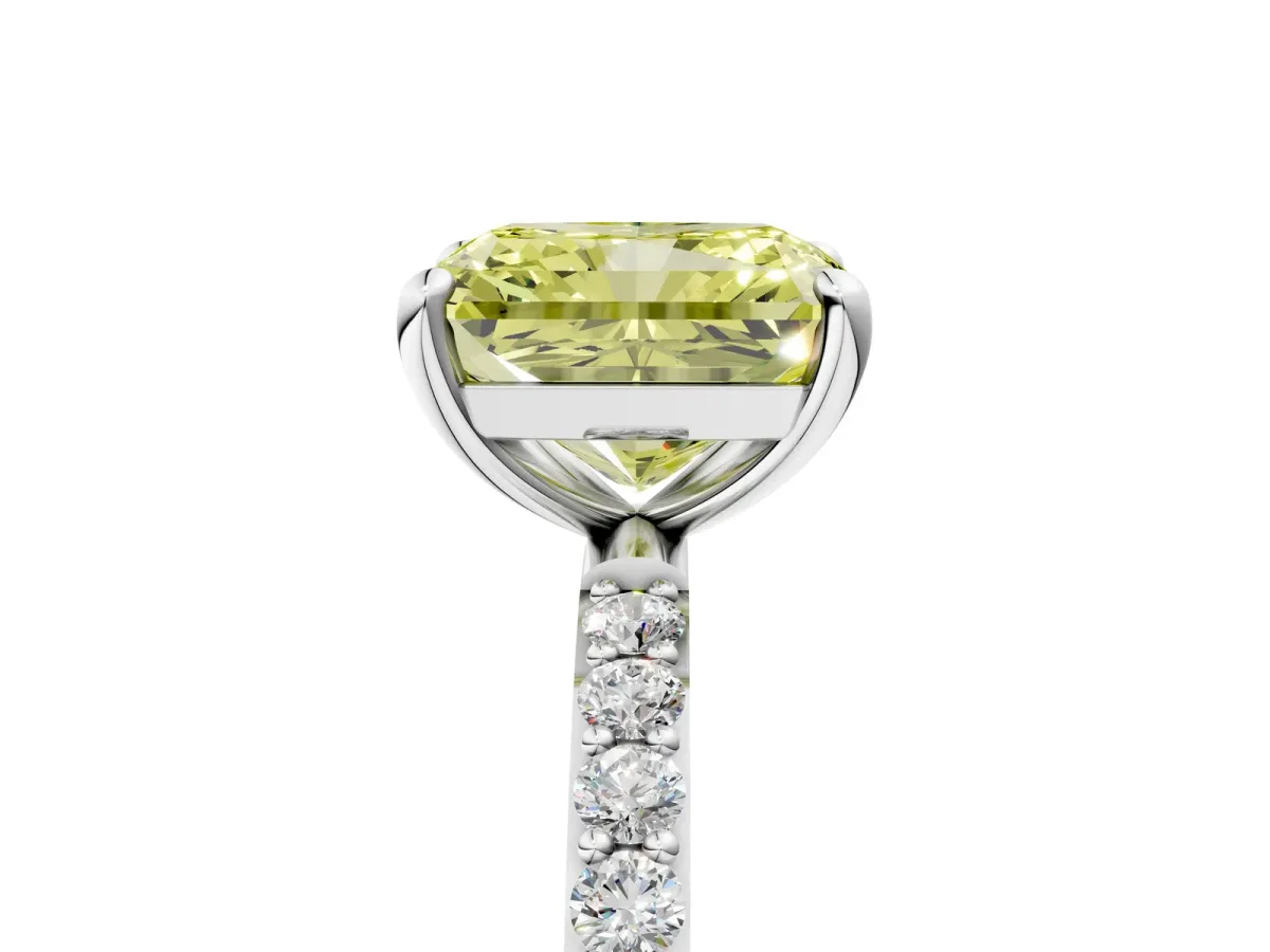 Fancy Yellow Radiant Cut Diamond Solitaire Ring with Round Pavé Band and Prong Setting Silver