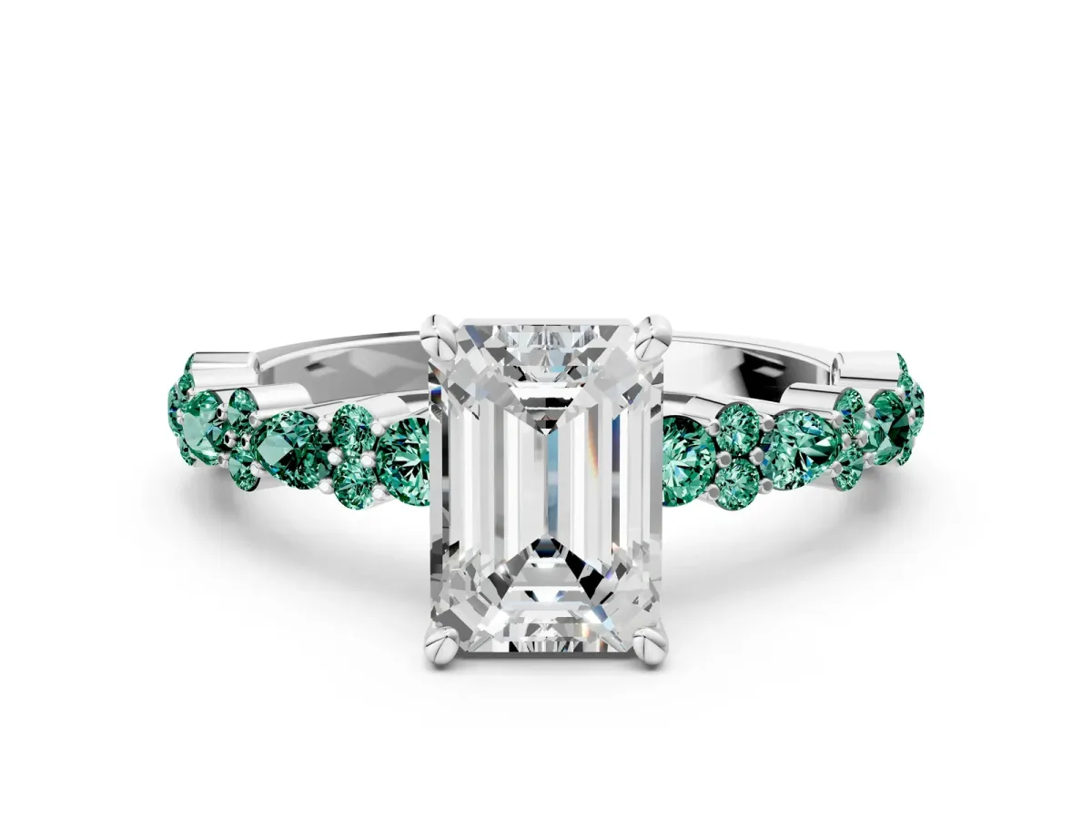 Emerald Cut Diamond Side Stone Solitaire Ring with Round Green Sapphire and Four-Prong Setting Platinum