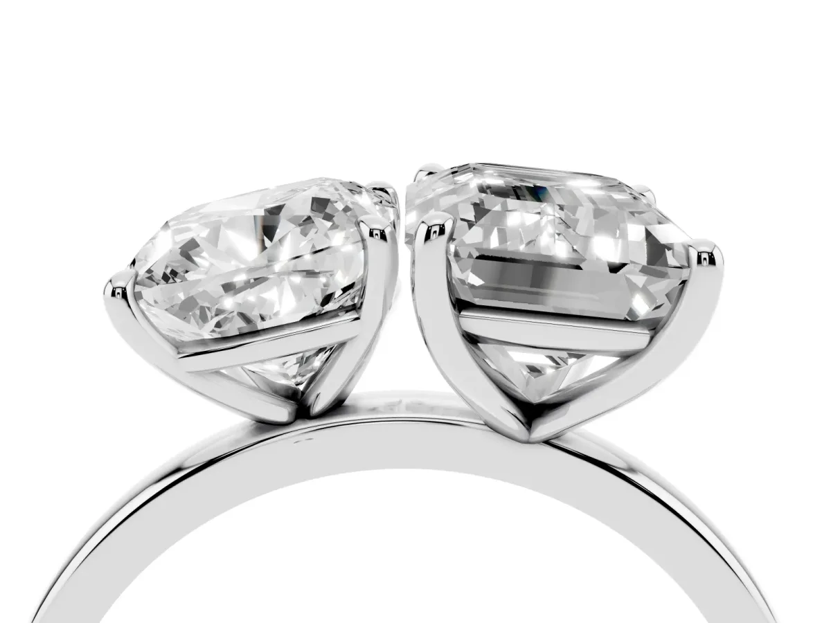 Cushion Cut and Emerald Cut Toi Moi Ring with Prong Setting Platinum