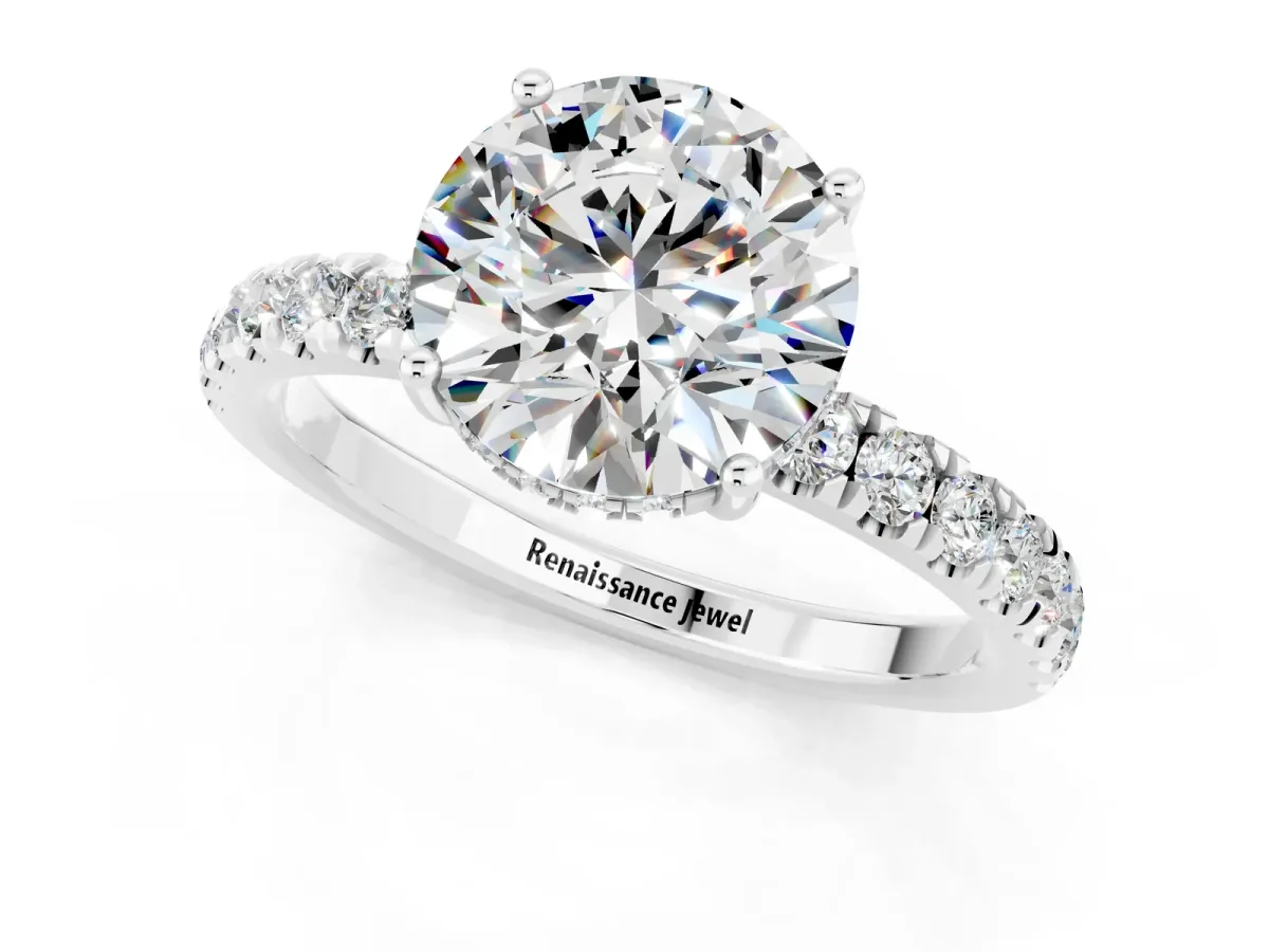 Round Cut Moissanite Pave Band Solitaire Ring with Round and Prong Setting Platinum