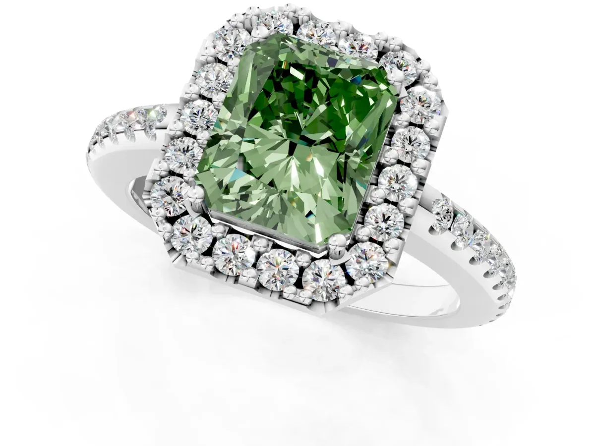 Fancy Green Radiant Cut Diamond Pavé Halo Ring with Four-Prong Setting Platinum