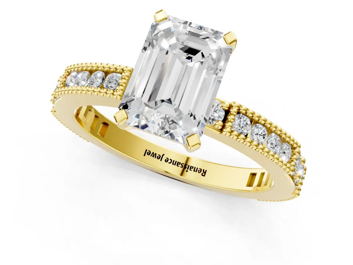 Emerald Cut Solitaire with Pavé Band and Four-Prong Setting Yellow gold