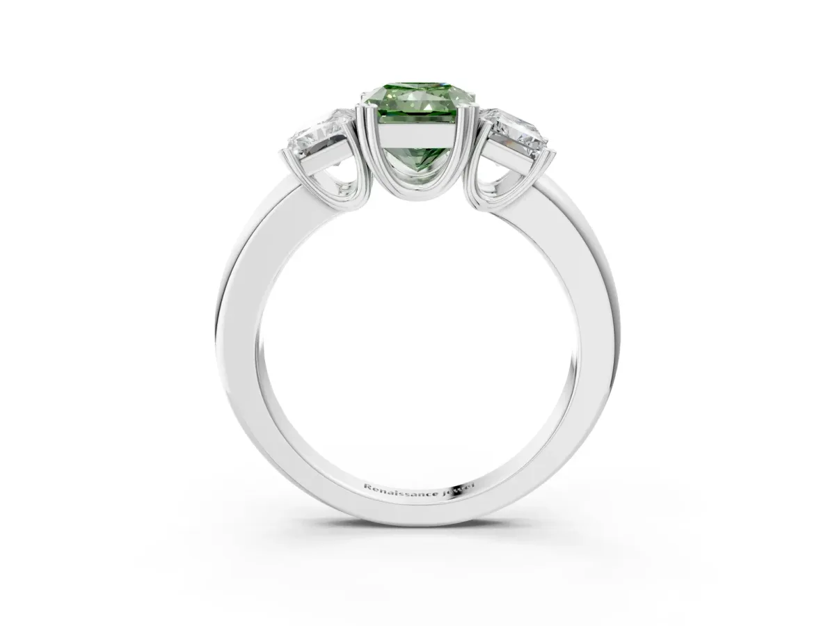 Fancy Green Three-Stone Radiant Cut Cut Diamond Ring with Channel Set Band and Four-Prong Setting Silver