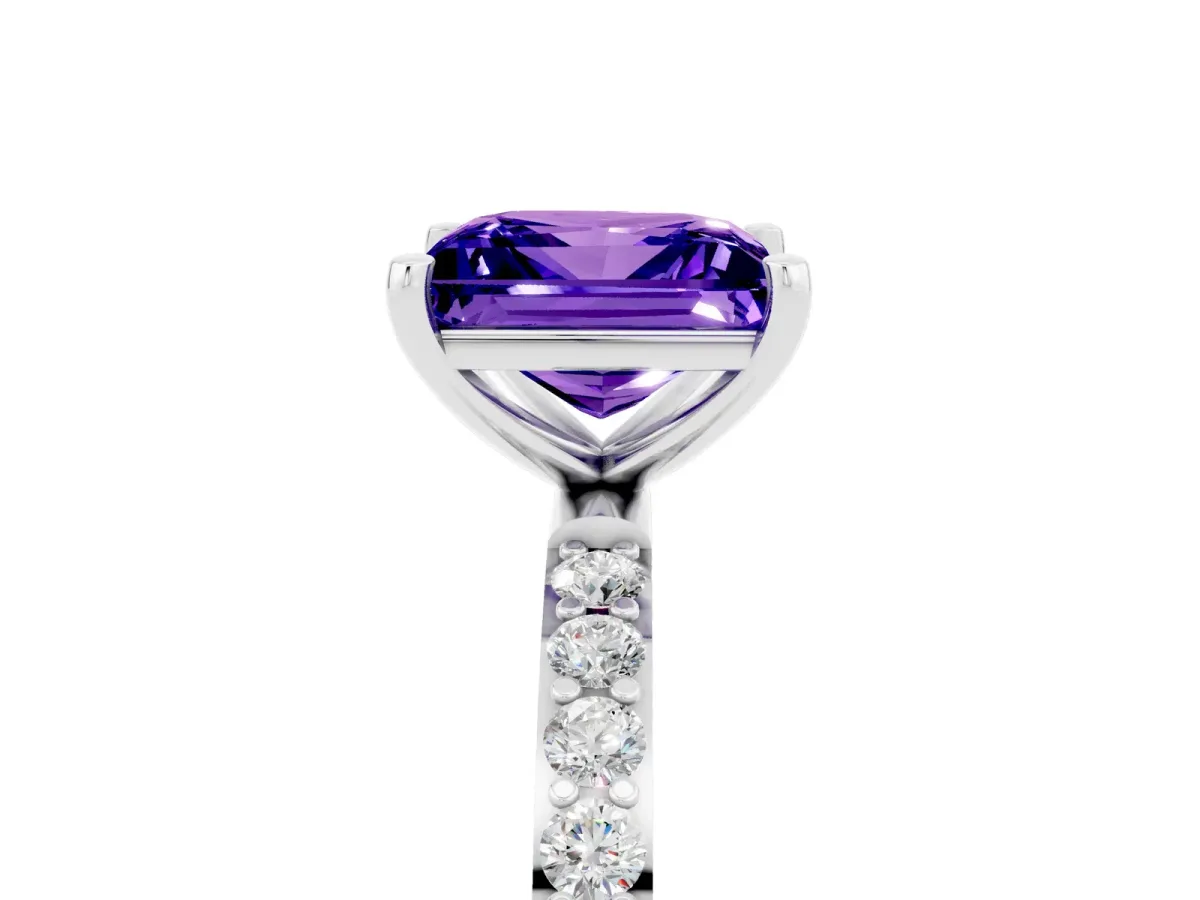 Princess Cut Tanzanite Solitaire Ring with Round Pavé Band and Prong Setting Silver