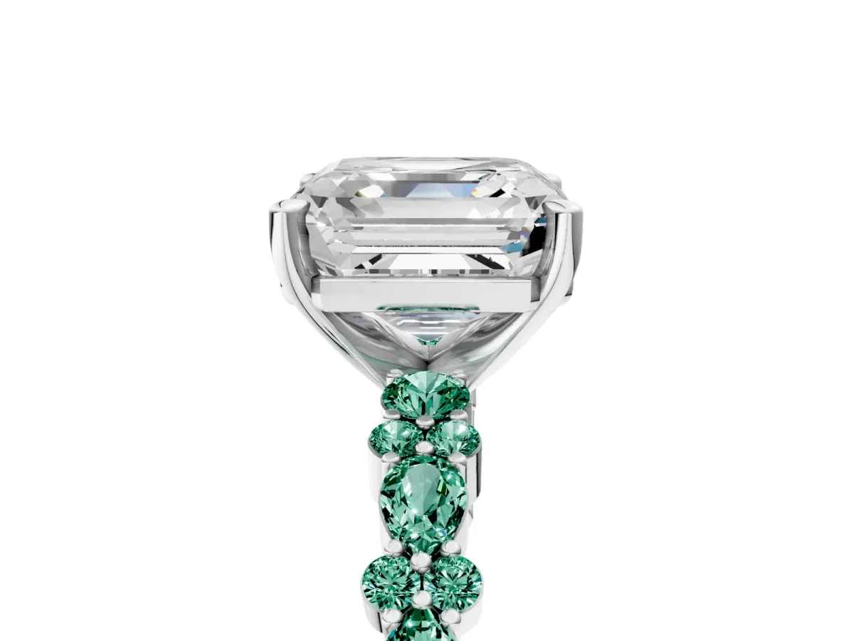 Asscher Cut Diamond Side Stone Solitaire Ring with Round Green Sapphire and Four-Prong Setting Silver