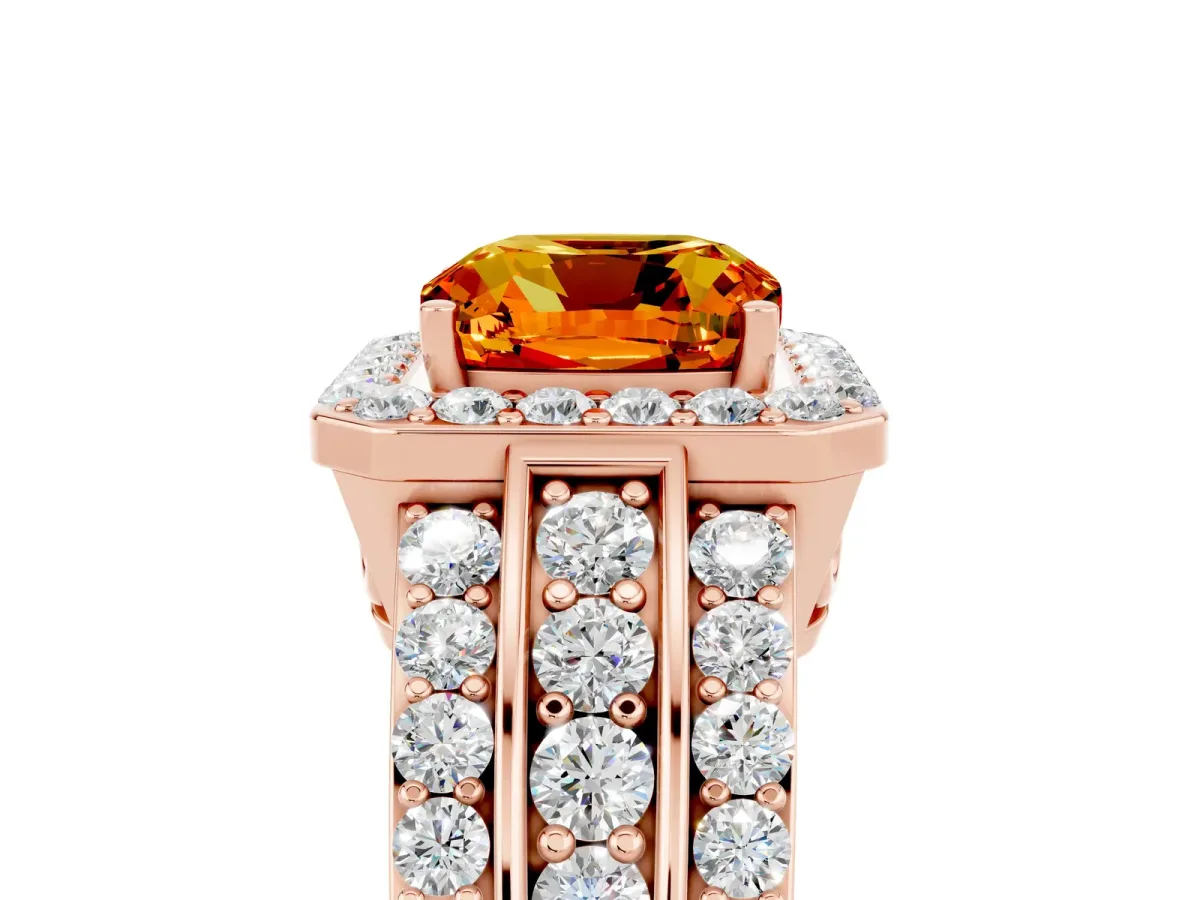 Cushion Cut Halo Citrine Ring with Round Split Shank and Prong Setting Rose gold
