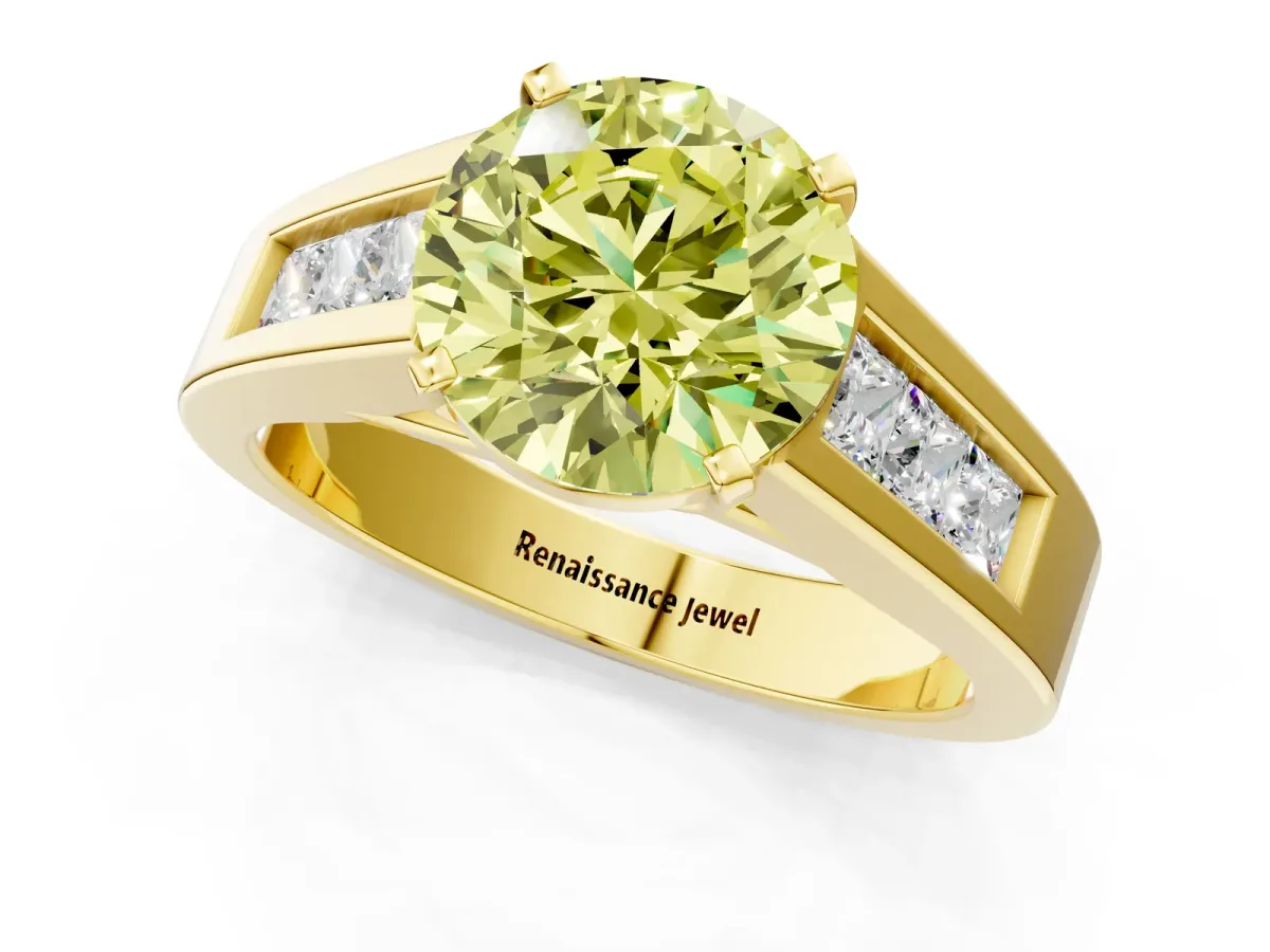 Fancy Yellow Round Cut Cut Channel Set Solitaire Ring with Four-Prong Setting Yellow gold