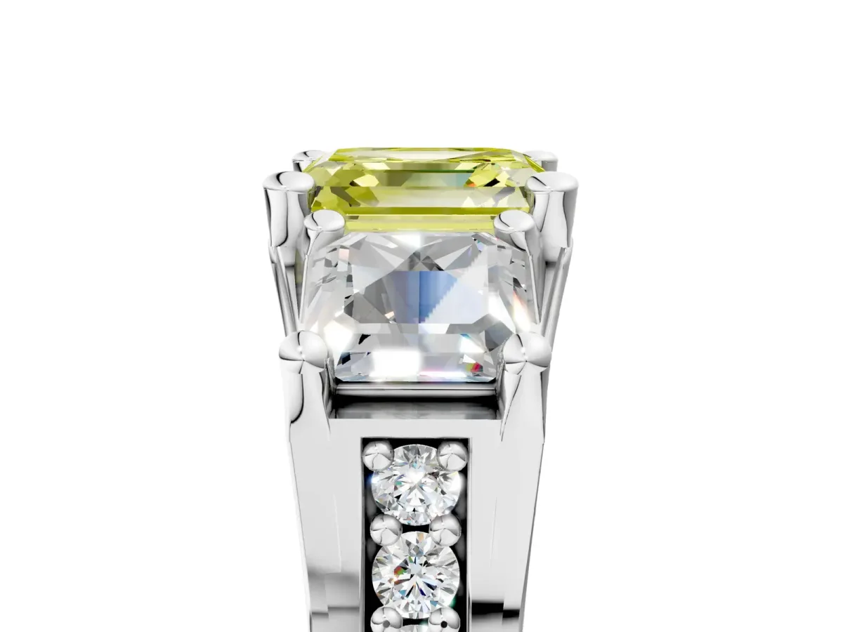 Fancy Yellow Asscher Cut Diamond Three-Stone Ring with Channel Set Band and Four-Prong Setting Platinum
